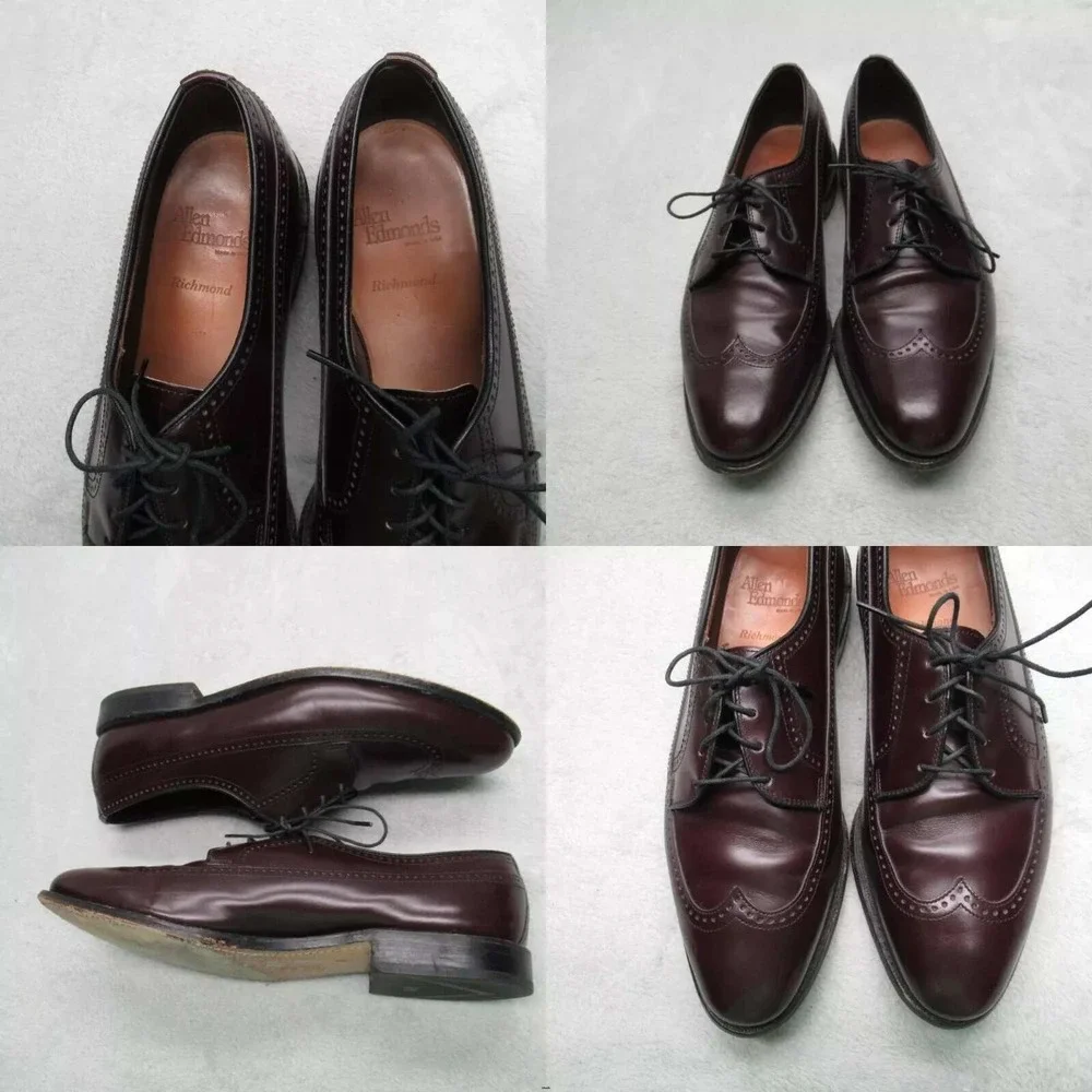 Allen Edmond  Oxford Dress Shoes Men 10 C Burgundy WIngtip Leather Luxe USA Made
